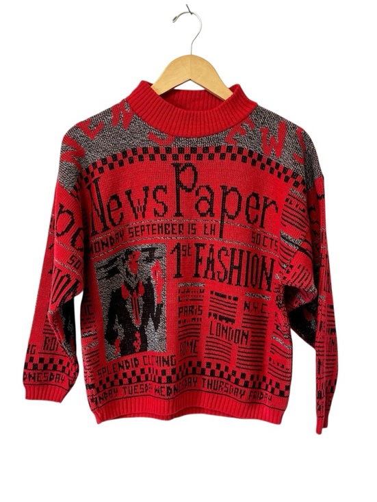 Vintage Sweaters - Vintage‎ Newspaper Print Sweater Graphic News Allover Red Acrylic Womens Medium